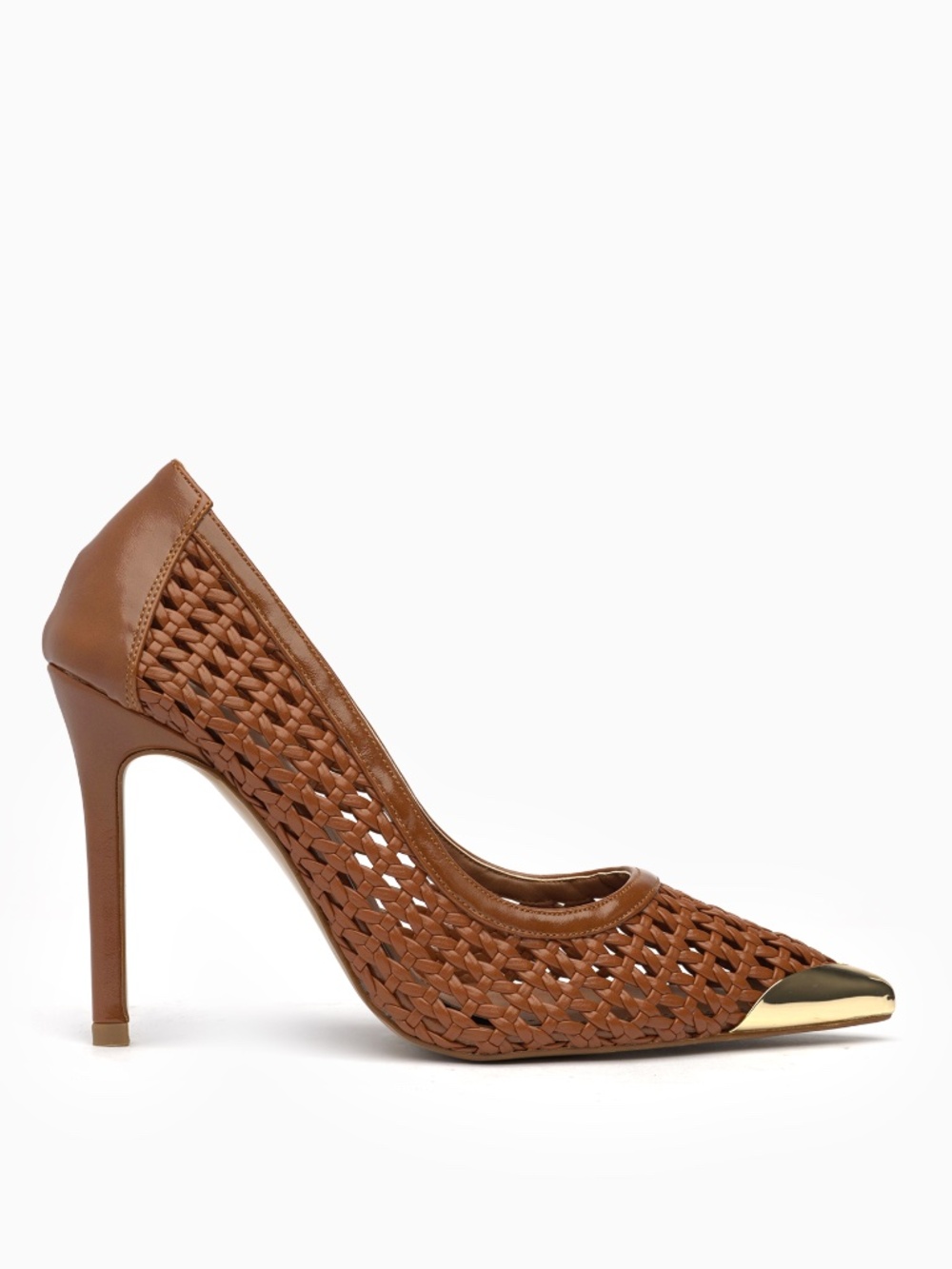 Hand-Woven Leather Stiletto Pump: Basketweave Upper, Gold Toe Cap (100mm Heel)